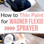 Water being poured into blue paint and stirred, with text: How to thin paint for Wagner Flexio Sprayer.