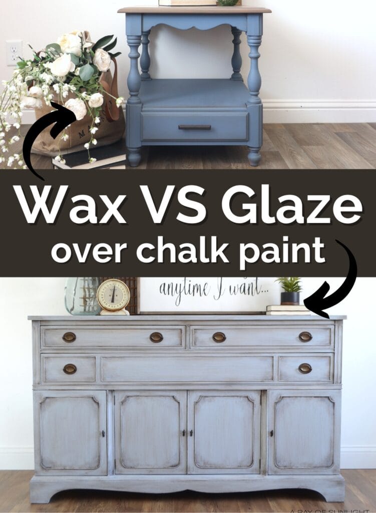 waxed end table and glazed dresser