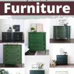 Collage of dark green painted furniture pieces, including dressers and nightstands, with decor accents.