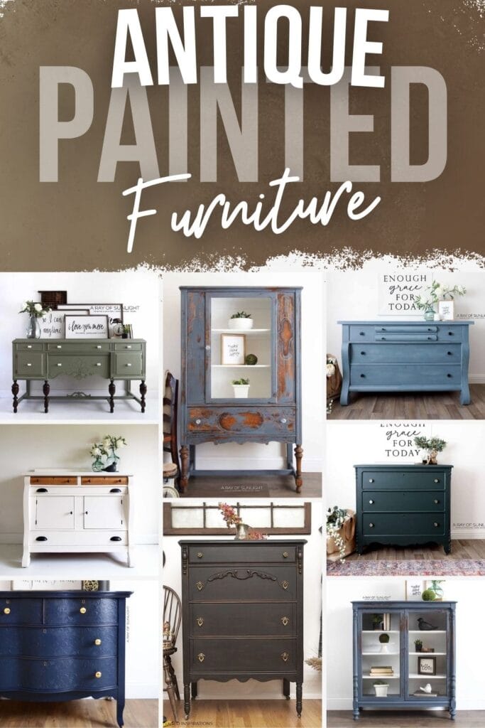 collage of antique painted furniture with text overlay