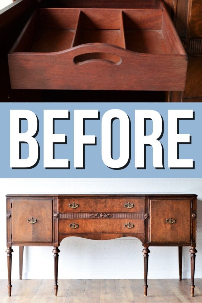 antique buffet with 2 cabinets and 2 drawers before makeover