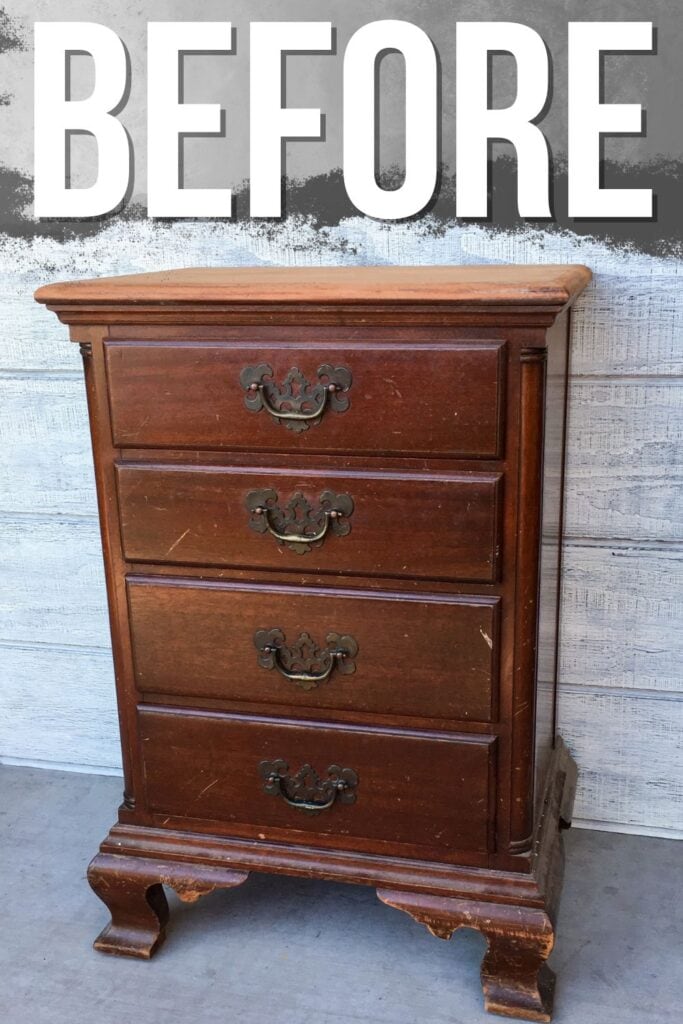 mahogany wood nightstand with 4 drawers before makeover