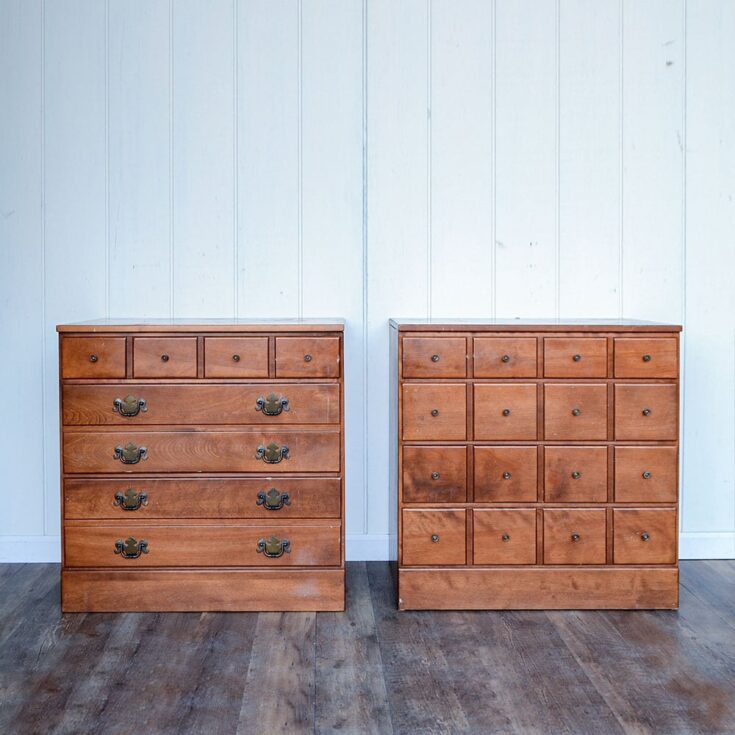 two Ethan Allen chests of drawers in a natural wood finish before makeover