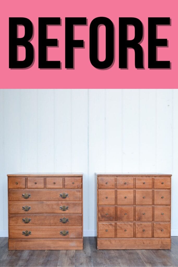 photo of two Ethan Allen chests of drawers in a natural wood finish before makeover