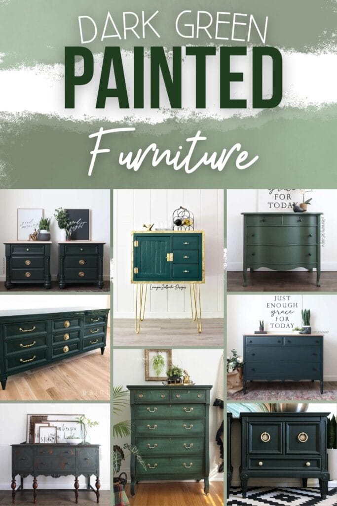 collage photo of furniture painted with dark green with text overlay