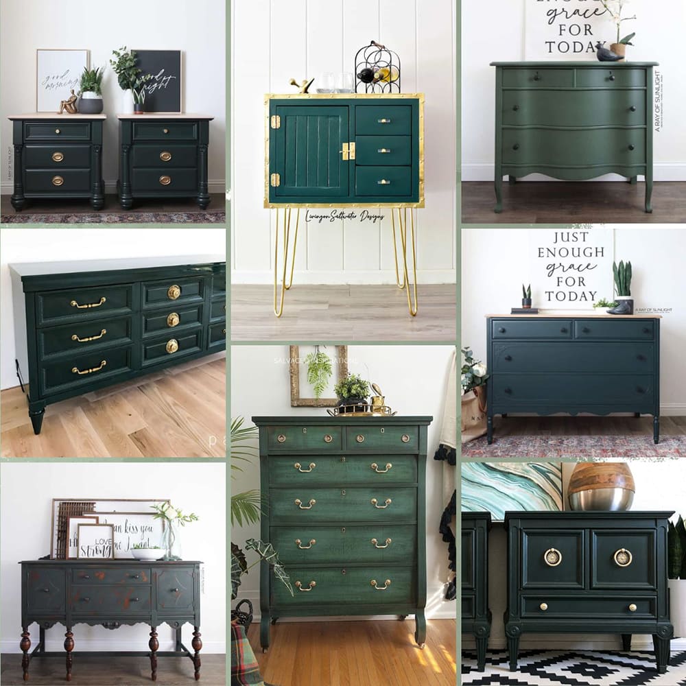 collage photo of furniture painted with dark green