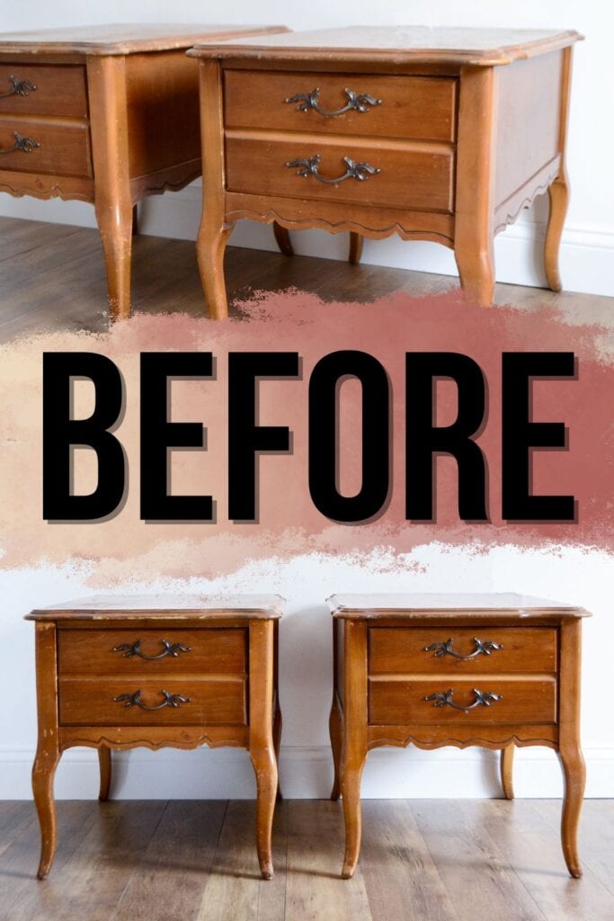 pair of matching wood french provincial nightstands before makeover