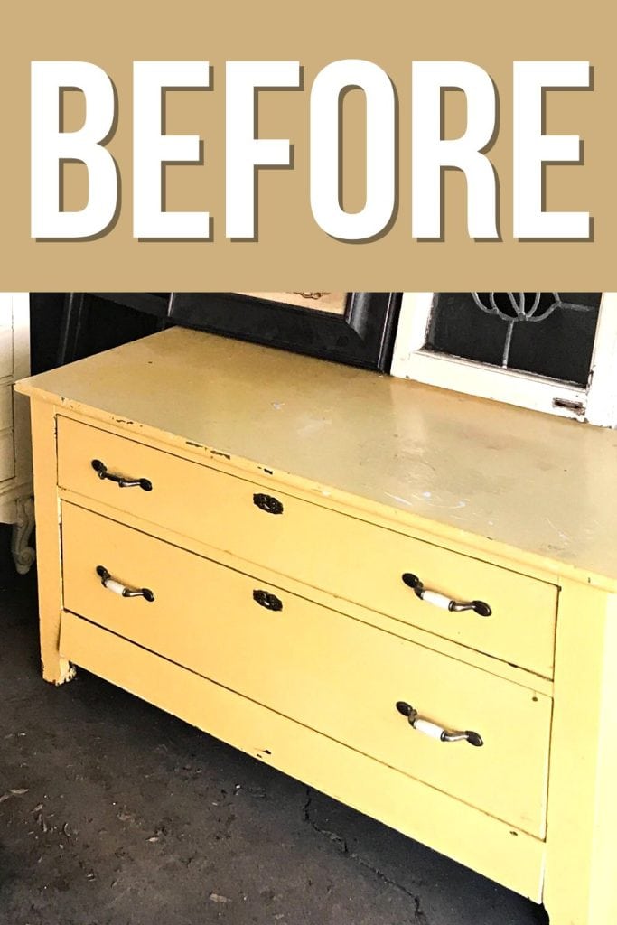 yellow painted dresser before applying transfer