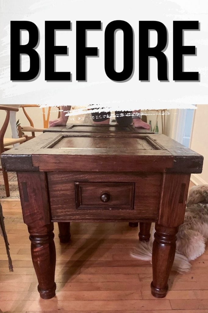 pair of nightstands before stripping and bleaching wood