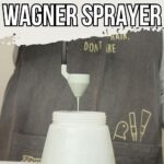 Person pouring thinned paint into a Wagner sprayer with text above explaining how to thin paint for spraying.