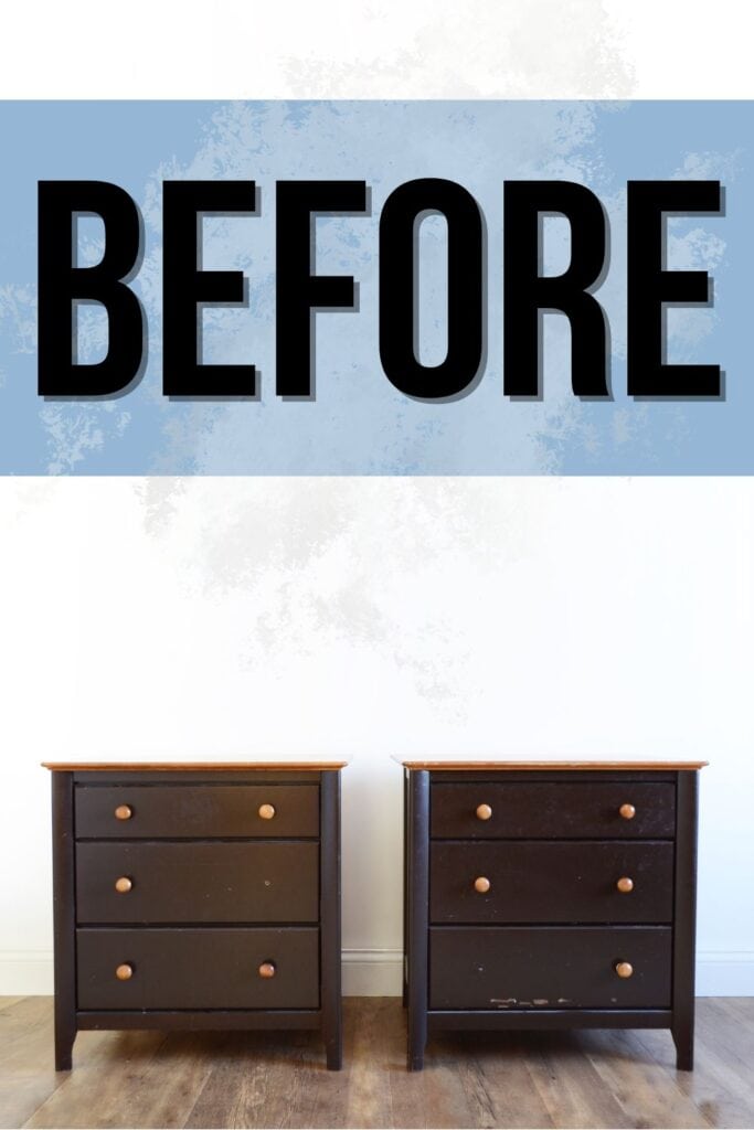 photo of 2 modern nightstands with 3 drawers in brown paint before the makeover
