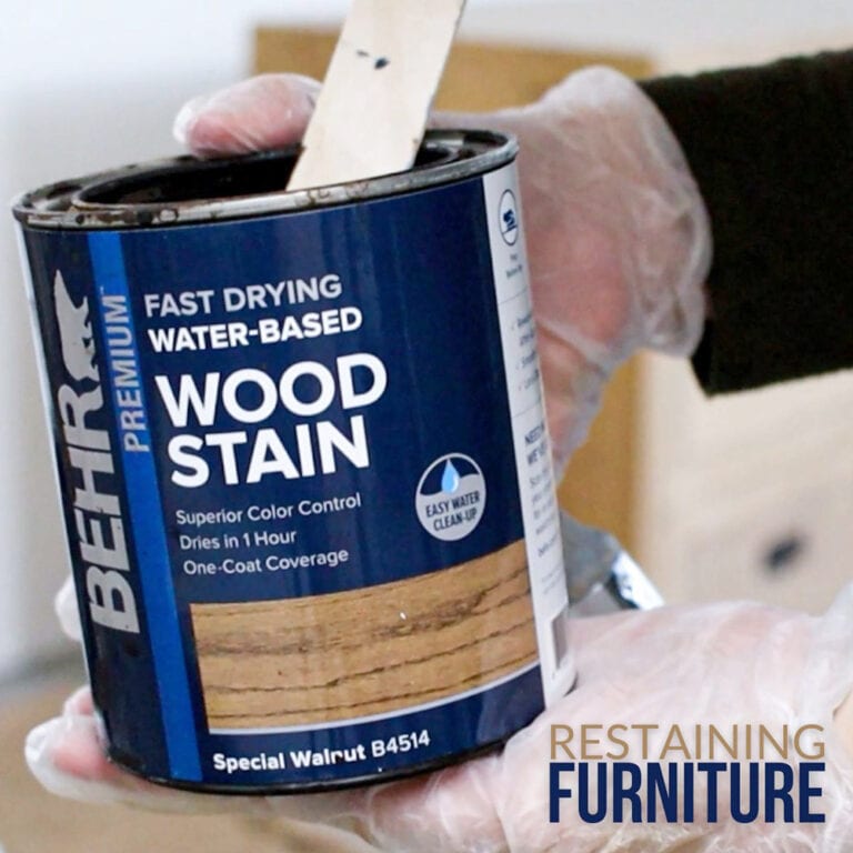photo of Behr wood stain with text overlay