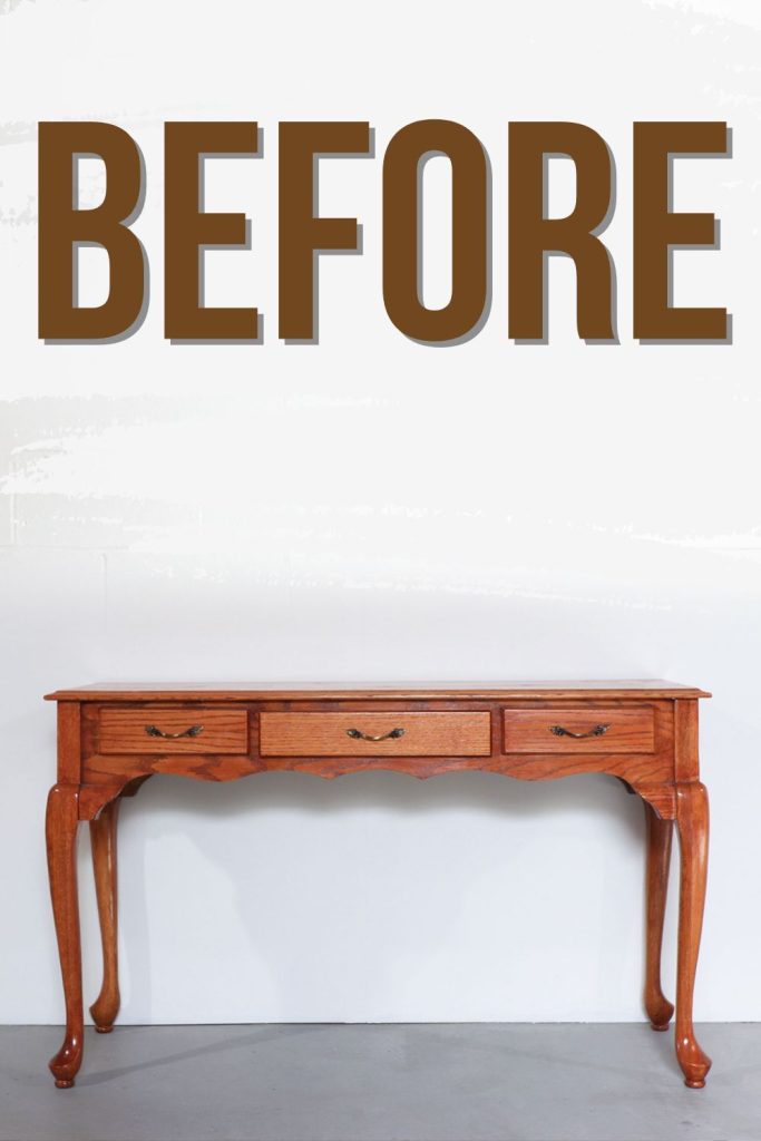 before photo of an oak veneered sofa table before makeover