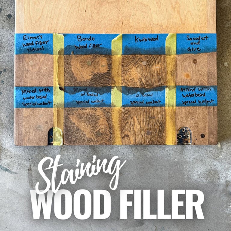 photo of different results of stained wood filler with text overlay