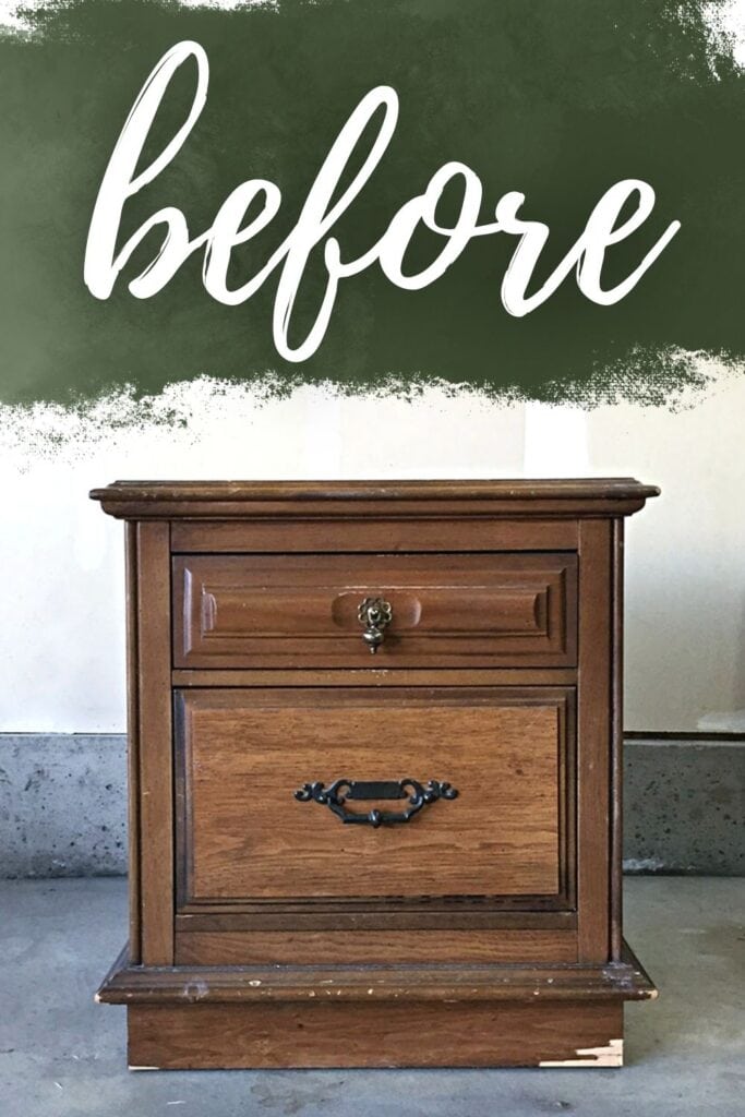 photo of nightstand before painting with text overlay
