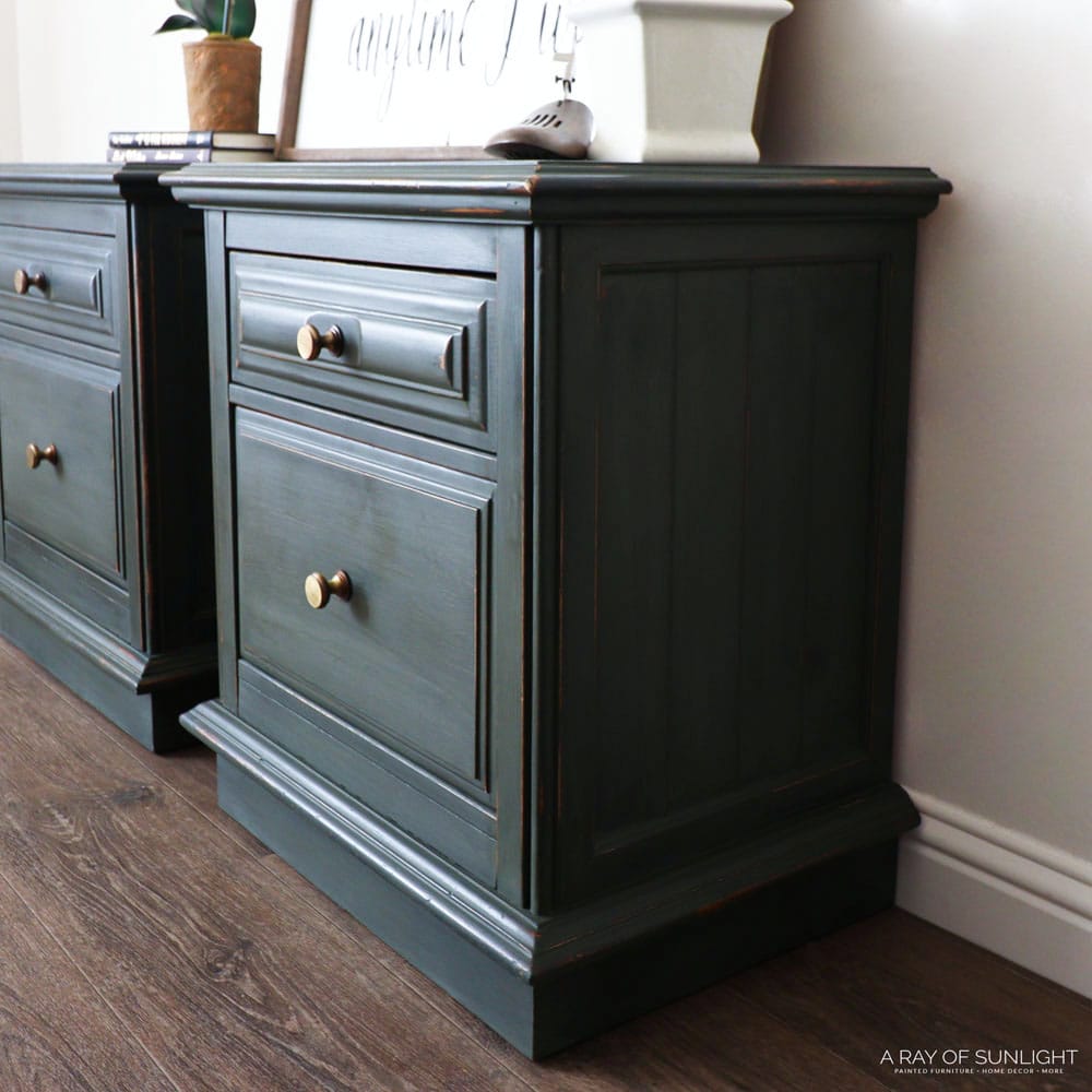 close up view of green painted nightstands