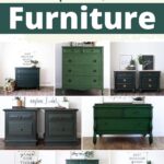 Collage of various dark green painted dressers and nightstands, styled with plants and decor items.