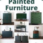 Ten pieces of dark green painted furniture with decorative signs and plants arranged around them.