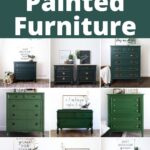 Collage of various dark green painted furniture pieces, including dressers, chests, and nightstands.