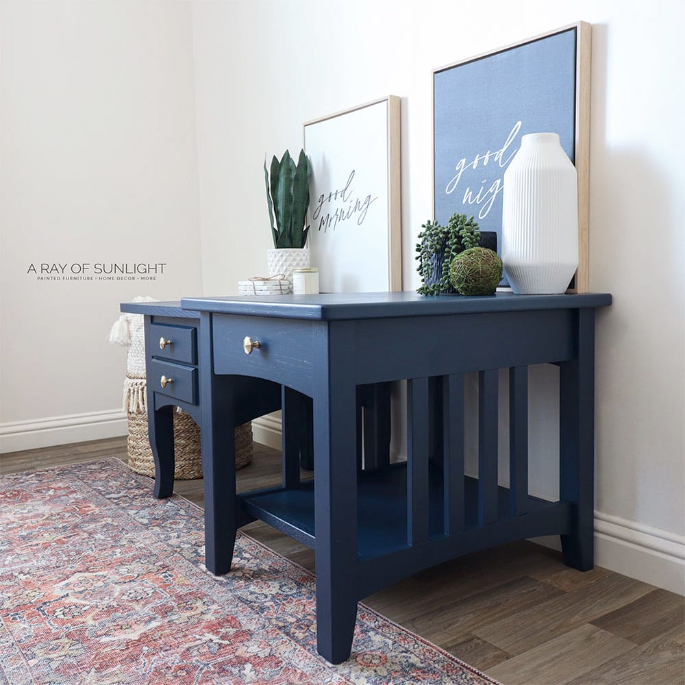 two wooden end tables painted in blue paint