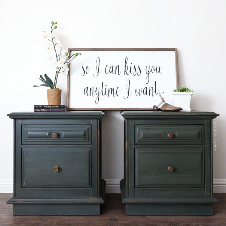 green painted nightstands with gold knobs