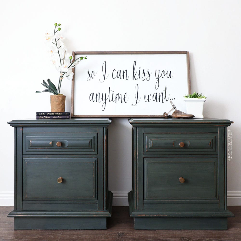 full view photo of green painted nightstands