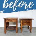 Two wooden end tables with drawers, labeled before against a blue and white background.