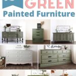Collage of various olive green painted furniture pieces, including dressers, side tables, and nightstands.