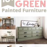 Collage of olive green painted furniture pieces, including dressers, tables, and nightstands.