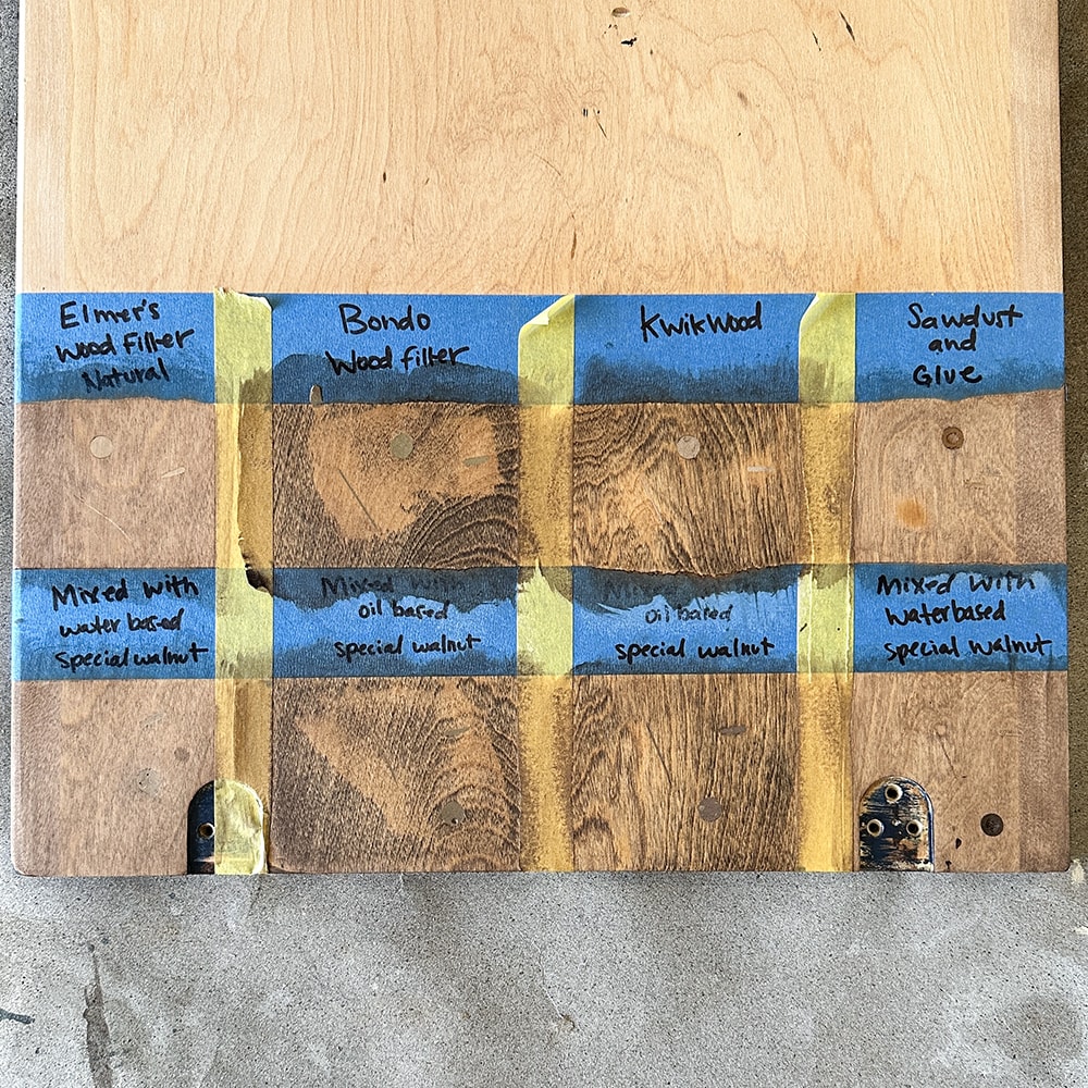 photo showing different types of wood filler with wood stains