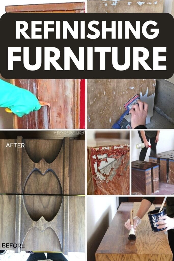 collage of refinishing furniture techniques