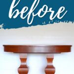 A light wooden table with curved legs below a blue banner reading “before” in white script.