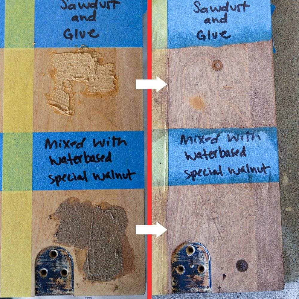 photo showing result of sawdust and glue wood filler and with water-based stain
