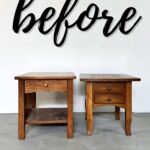 Two wooden side tables in front of a white wall with the word before written in large script above them.