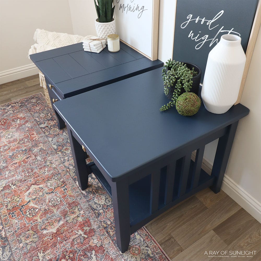 top view of blue painted wooden end tables and home decor