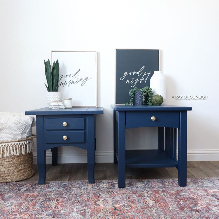 wooden end tables beautifully painted in navy blue with gold hexagon knobs