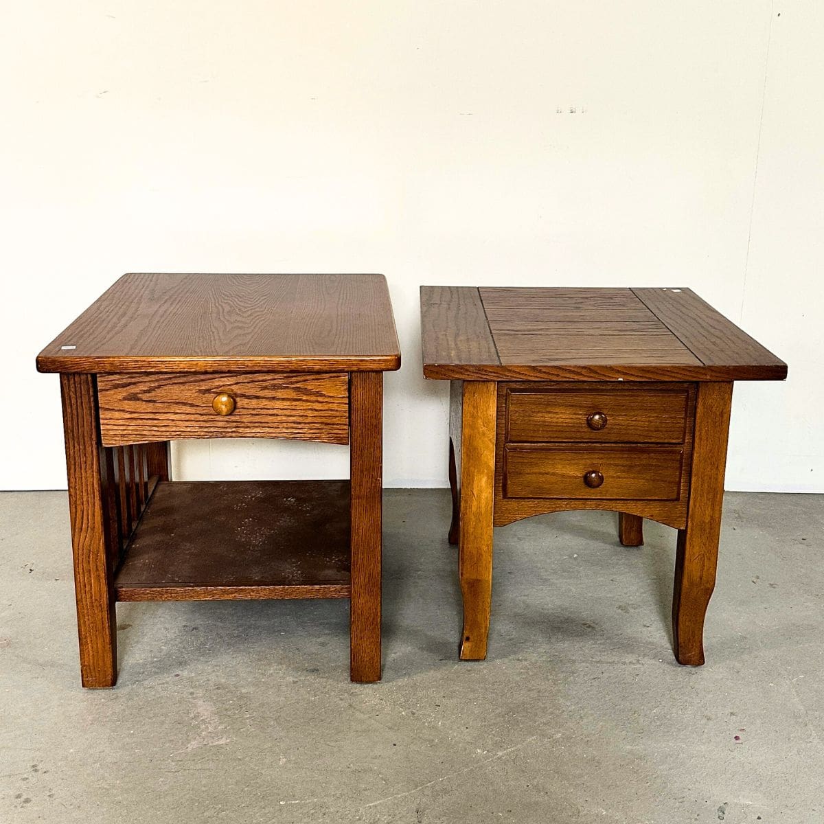 two wooden end tables for makeover