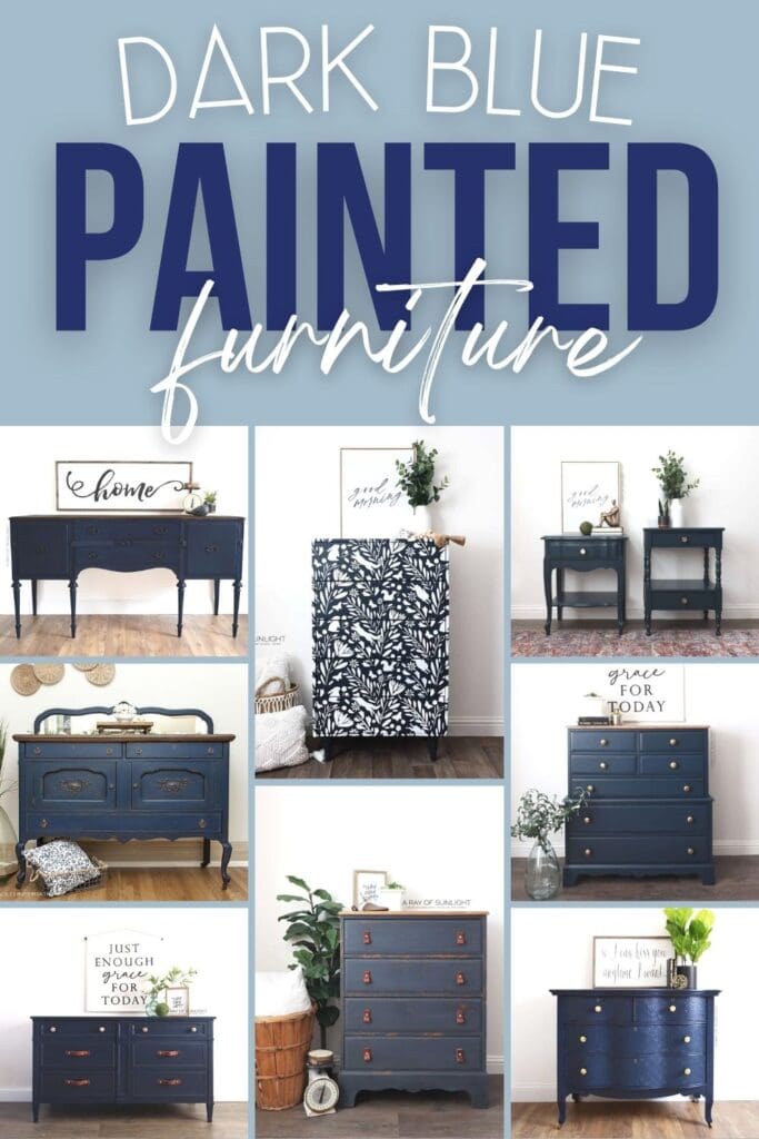 collage of dark blue painted furniture with text overlay