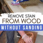 sanding wood with a sander; another putting a stain remover on wood surface with a sponge