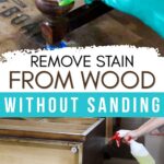 A gloved hand scrubs wood with a brush; another sprays cleaner on a wooden drawer.