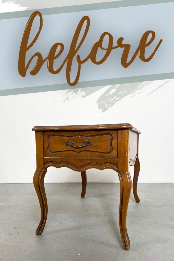 photo of nightstand before the makeover with text overlay