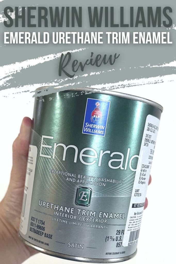 holding a can of emerald urethane trim enamel paint with text overlay 