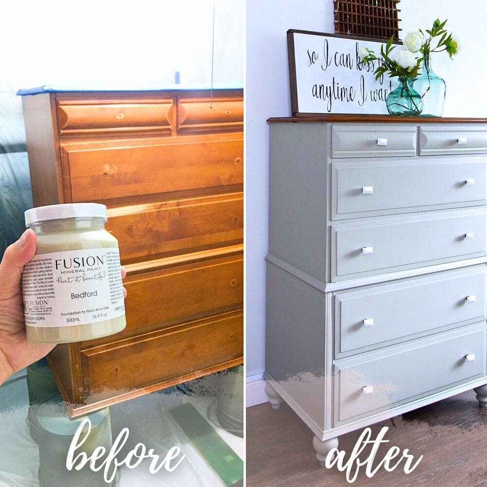 photo of fusion mineral paint with before and after photo of dresser.