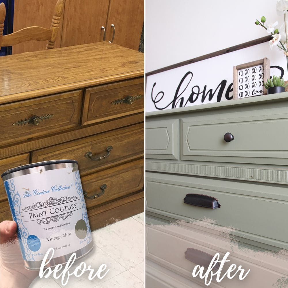 photo of paint couture in can with before and after photo of furniture.