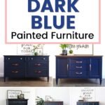 Collage of dark blue painted furniture, including dressers and sideboards, styled with plants and decor.
