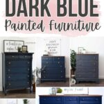 Collage of dark blue painted dressers and cabinets with gold handles, promoting “40+ Dark Blue Painted Furniture.”.