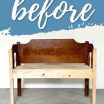 Wooden bench with unfinished bottom, against a wall with before written in large script on a blue background.