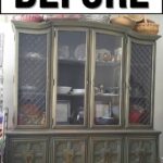 A vintage green china cabinet with glass doors and shelves, labeled BEFORE at the top.