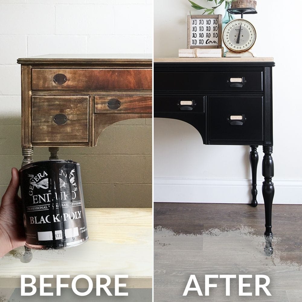 photo of general finishes enduro poly in can with before and after photo of furniture.