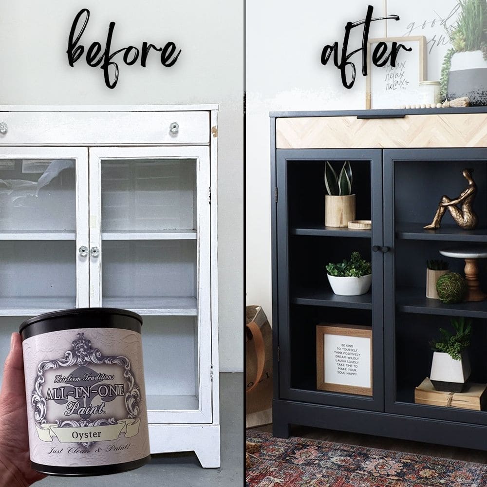 photo of heirloom traditions paint with before and after photo of furniture.